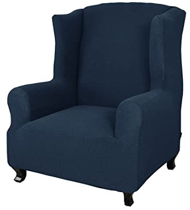 YOPOIY Hohe Dehnung weich dick Ohrensessel Überzug Klein Karierter Jacquard-Strickstoff Husse für Ohrensessel 1 Stück rutschfest für Sessel -Navy blau-