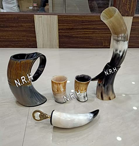 Wikinger Trinkhorn Set Authentisches Ochsenhorn mit Ständer Handgefertigter Bierkrug für Bier Mead Wein Ale Wasser geschnitzt Trinkbecher Shot Cup Flaschenöffner Polierte Oberfläche