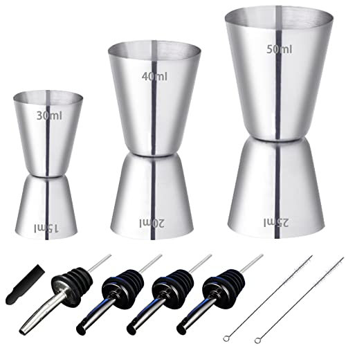 RUIJIE 3 Pièces Doseur Cocktail 30/40/50ml Double à Alcool en Acier Inoxydable Tasse à Mesurer avec 4 Verseur de Vin Bouteille & 2 Pinceaux Mesure Jigger pour Bar Maisons Fête Vin Gin Shaker