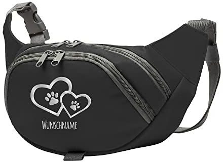 Tierisch-tolle Geschenke Hundesport Bauchtasche Leckerlie-Tasche mit 2 Herzen, 2 Pfoten und Wunschnamen personalisiert | Hundetraining | Leckerlie Beutel (Schwarz/Silber)