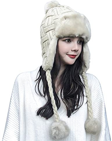 SIQITECH Fliegermütze Damen Winter Trappermütze Ohrenklappen Gestrickt Mütze Winddicht Pilotenmütze Verdickt Winterhut Kunstpelz Warm Strickmütze mit Bommel Fliegermütze für Laufen Snowboard Fahrrad