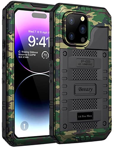 Beeasy for iPhone 14 Pro Max Case Waterproof Heavy Duty Shockproof Tough Metal Armour Cover Dustproof Built-in Screen Protector, 360 Full Body Military Protective Rugged Case for 14 Pro Max Camo