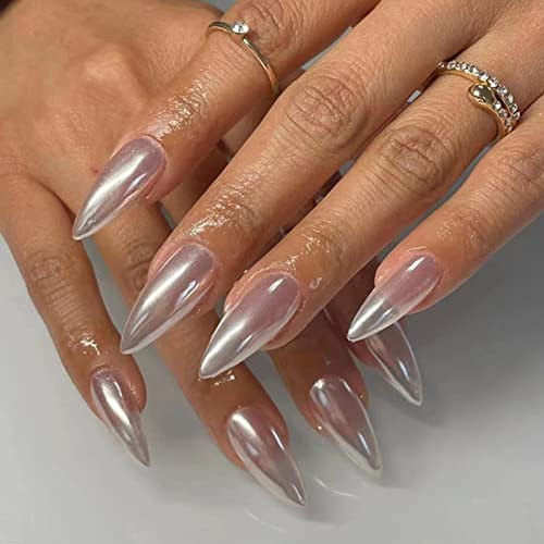 AKOFIC 24 Stück Press on Nails Kurz Mandel, French Ballerina Acryl Künstliche Nägel, Nägel Zum Aufkleben mit Jelly Nagelkleber, Fake Nails für Frauen Mädchen (Glitzer Silber)