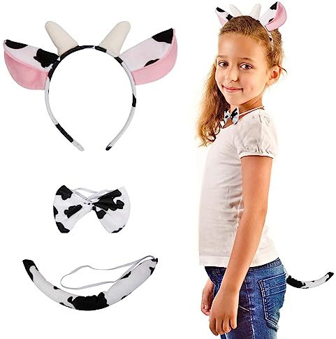 LAMEK 3Pcs Accesorios de Disfraces de Vaca para Niños, Kit de Diadema de Vaca, Vaca Disfraz Femma Accesorios, para Carnaval Cosplay Halloween Cumpleaños Mascarada Regalo