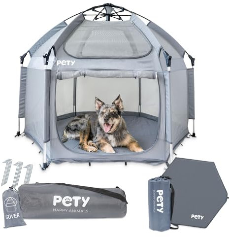 PETY Laufstall Set für Hunde - 150 x 100 cm mobiles Hundezelt mit Tragetasche, UV-Dach und Bodenmatte - Outdoor und Indoor Tiergehege - Hunde Reisezubehör für Camping – Anthrazit