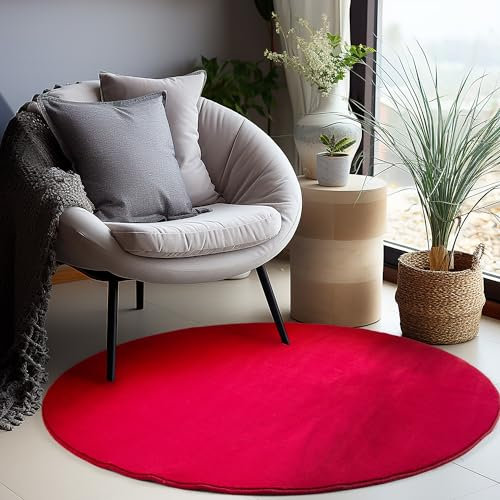 Carpettex Teppich Wohnzimmer Anti-Rutsch Teppich Waschbar in Waschmaschine 160 cm Rund Rot - Moderner Flauschiger Kurzflor Teppich Extra Weich Schlafzimmer Küche Flur Esszimmer Kinderzimmer
