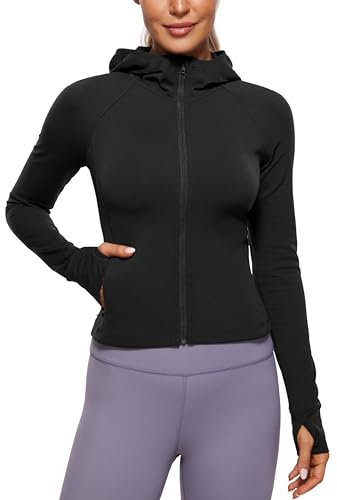 CRZ YOGA Damen Butterluxe Kapuzenpullover Hoodie Zip Up Sweatjacke Workout Langarm Hoody Kapuzenjacke mit Daumenloch Schwarz 40