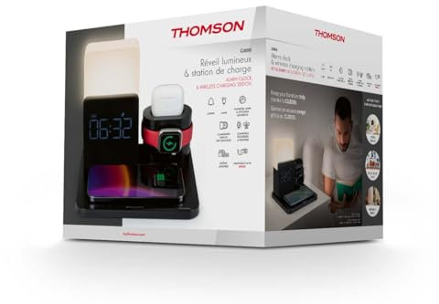 THOMSON CL800i 4-in-1-Wecker und Ladestation Nachttischlampe mit verschiedenen Intensitäten und Farben Schwarz