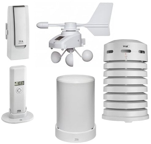 TFA 31.4005.02.99 Kit de démarrage spécial 5.0 Weatherhub avec pluviomètre, éolien, thermo-hygromètre avec housse de protection aérée solaire SmartHome