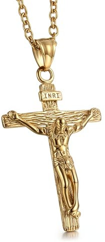GTHIC Herren Edelstahl Jesus Christus Kruzifix Anhänger Halsketten Religion Schmuck Geschenk, 60 cm Gold Halskette