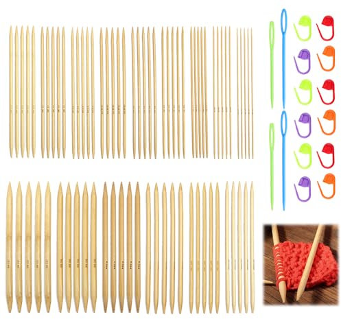 MININUSI 75 Pezzi Ferri da Maglia in Bambù,15cm Ferri da Maglia Dritti,Ferri da Maglia in Legno a Doppia Punta 2~10mm per Lavorare a Maglia + 10 Pennarelli per Uncinetto+4 Ferri a Cruna Grande