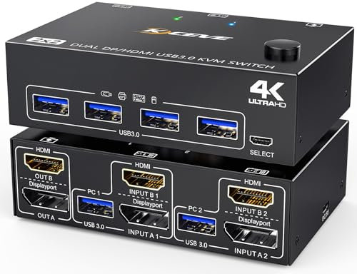USB 3.0 HDMI+Displayport KVM Switch 2 PC 2 Monitore 4K@60Hz 2K@120Hz,MLEEDA 2 PC 2 Monitor Switch mit 4 USB 3.0 Ports für Tastatur Maus, Kabelfernbedienung und Kabel Inbegriffen