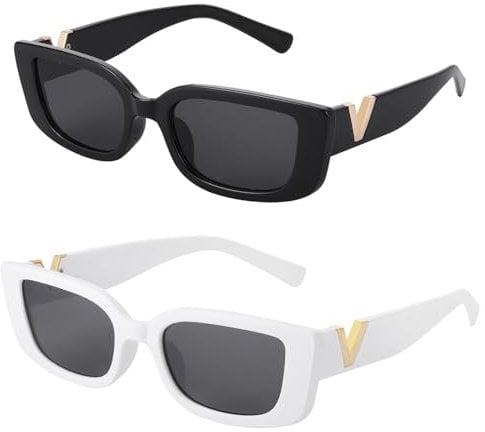 Fentar 2 Stück Vintage Sonnenbrille, UV 400 Schutz Sonnenbrille Damen, Rave Sonnenbrille Party Sonnenbrille Trend sachen, Stilvoll Retro Sonnenbrillen Set für Damen Mädchen Teens (Weiß, Schwarz)