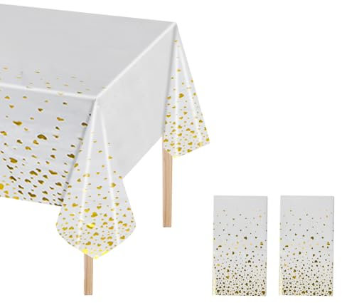 2 Pcs Tischdecke Kunststoff, 137x274cm, Tischtuch Plastik Wasserdicht, Fleckschutz Ölbeständig, Tischabdeckung Rechteckig Schwarz Weiß mit Gold Herz Konfetti, Party Tischschutz Hochzeiten (2, Weiß)