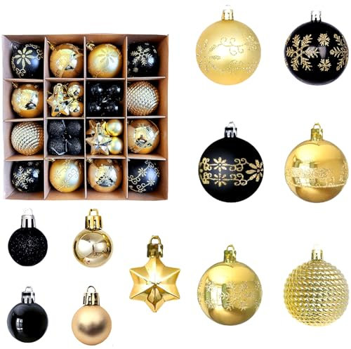Juego de 44 bolas de Navidad doradas y negras para árbol de Navidad de 6 cm/3 cm, inastillables, con purpurina, adornos de adorno para colgar en el árbol de Navidad, decoración del hogar, jardín
