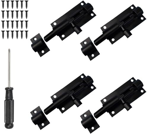 Scettar 4 Pack Bolt Lock, 2 Inch Heavy Duty Black Door Bolt Gate Bolt Lock Barrel Sliding Latch Lock with 24 Screws and 1 Screwdriver for Doors, Windows, Cabinets, Fence Gates