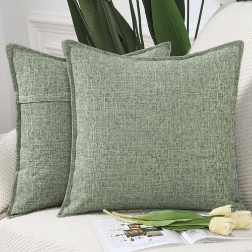 Madizz 2er Set Polyester- Leinen Kissenbezügen Weiche dekorative Kissenbezüge für Sofa Schlafzimmer Kissenhülle Graugrün 65x65 cm Quadrat