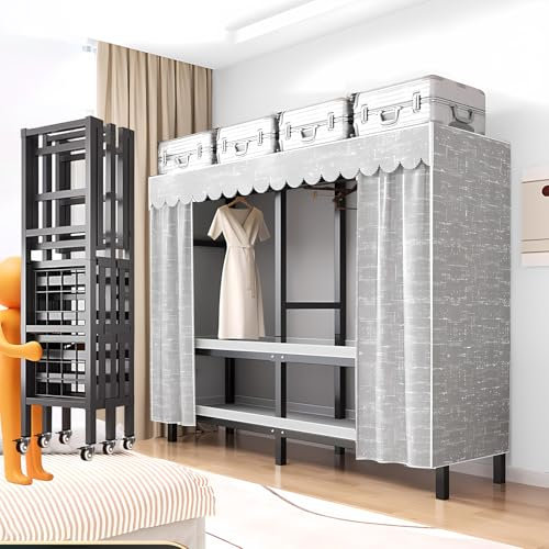 Rollbarer Kleiderständer,Tragbarer Schrank Kleiderständer zum Aufhängen von Kleidung, Metall-Kleiderständer mit Rollen, faltbare Regale, freistehender Kleiderschrank mit Staubschutz(A,125cm/49.2in)
