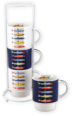 El Mercader del Mar Juego de 4 tazas de desayuno apilables con soporte metálico, cerámica, diseños marineros, aptas para lavavajillas y microondas (PECES, AZUL MARINO/BLANCO)