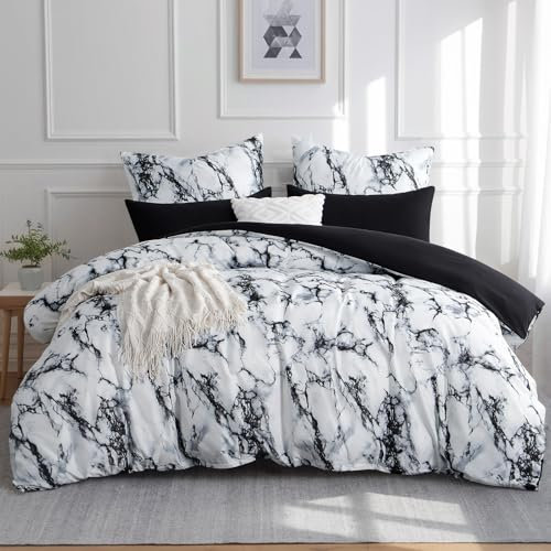 Aisbo Bettwäsche 200x220 3 teilig Bettdeckenbezug - Bettwäsche Set 220x200cm Marmor Schwarz Muster mit 2 Kissenbezügen 80x80 cm, Mikrofaser Bettbezug mit Reißverschluss, Bügelfrei und Weich