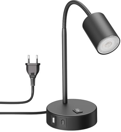 ledscom.de Tischleuchte WAIKA, schwarz, USB-A, USB-C, inkl. GU10 LED Lampe (3-Stufen-Dimmer, warmweiß, 6,3W, 374lm, 70°)