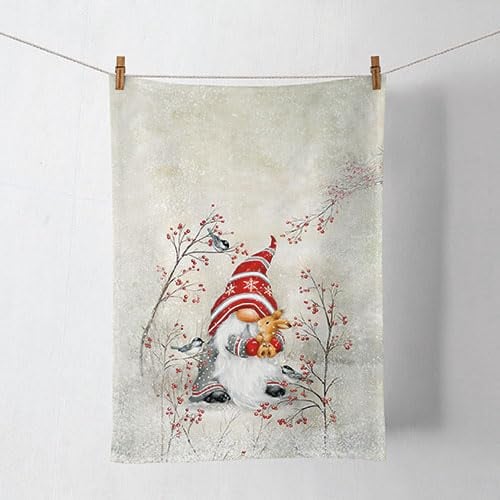 Ambiente Küchentuch Geschirrtuch Deko Küche 70 x 50 cm 100% Baumwolle Wichtel Zwerg mit Hase in Winterlandschaft Winter Advent Weihnachten Serie Dwarf Hug