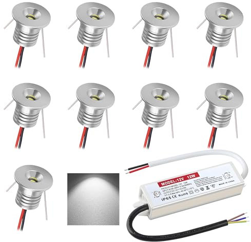 LED Einbaustrahler 12V 1W mini Led Spot Einbauleuchten IP65 deckenspots für Badezimmer Küche Wohnzimmer kleiderschrank schranklicht vitrinen treppenstufen beleuchtung 9 Stück (Silber kaltweiß 6000K)