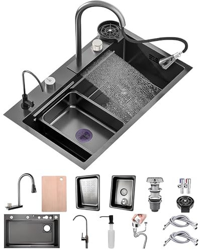 50 Cm De Large Evier De Cuisine Cascade Ensemble, Evier Multifonction Inoxydable Avec Robinet, Évier Affichage Numérique, Evier De Cuisine Nano Raindance Noir 1 Bac(Black-Grey B,75x50cm)