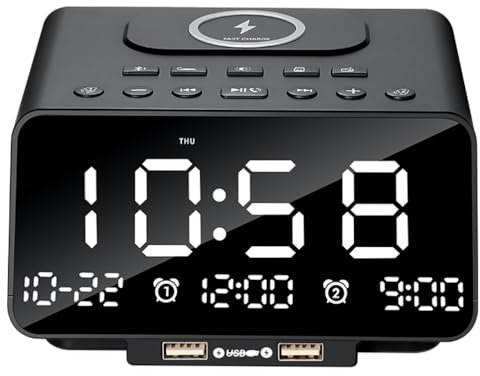 Alarm Clock Radio,5.0 Wireless Bluetooth Speaker,4 Brightness Levels Adjustable LED Night Light with Sleep Function,Wireless Charging & USB Charging Port, for U Disk/AUX/FM/TF black