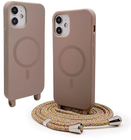 CUZZCASE Silikon Schutzhülle kompatibel mit iPhone 12 Pro Max(6.7),Kabellosem Laden,Silikon Stylische Verstellbarer Halskette Handyhülle-braun
