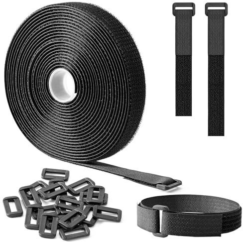 Trilancer Klettband 5m x 2cm, Wiederverschließbare Klett-Kabelbinder mit 25 Schnallen, Starkes Gurtband zum Organisieren von Kabeln, Schläuchen, Fahrrad-Zubehör, Schwarz
