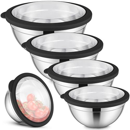 Herogo Lot de 5 saladiers en acier inoxydable avec couvercle hermétique transparent, pour servir la pâtisserie, 4,5 l, 2,7 l, 1,5 l, 1,2 l, 0,7 l, empilables, passent au lave-vaisselle, noirs