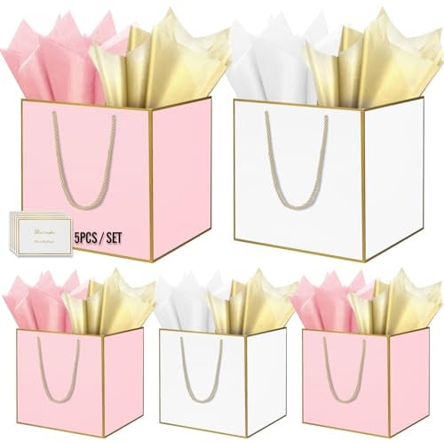 HONTIUS 11.8 Quadratische Geschenktüten, Geschenktüten Groß Geschenktüte xxl mit Taschentuch und Karten, Goldene Linie Geschenk Tüte Papiertüten mit Henkel 30 * 30 * 30cm Gift Bag Bags 5 Stück B