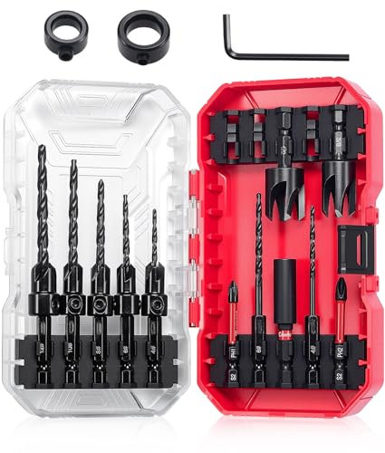ColumPRO 15PCS HSS Countersink Drill Bit Set, Woodworking Tapered Drill Bits, Plug Cutter With 2*Replacement Drills and 2*PH2 Screwdriver Bit, High-Speed Steel for Precise Woodworking