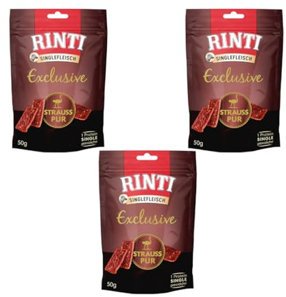 Rinti Singlefleisch Exclusive Strauß pur | 3er Pack | 3 x 50 g | Belohnungssnack für ausgewachsene Hunde | Für empfindliche Hunde bei Allergien oder Unverträglichkeiten | Leicht verdaulich