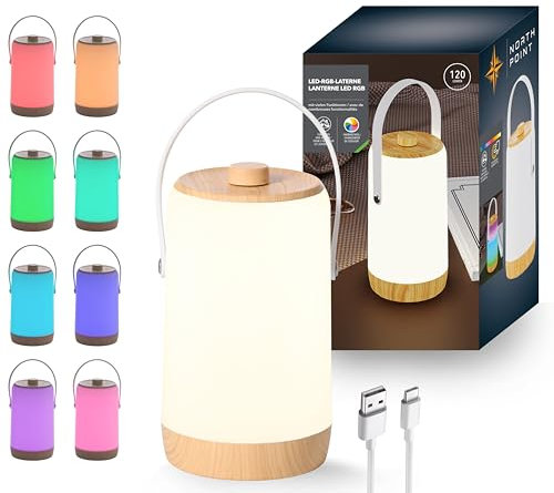 Northpoint LED Akku Laterne für Innen und Außen mit Dimmdrehschalter warmweiß RGB Soundsensor Lichteffekte Holzoptik