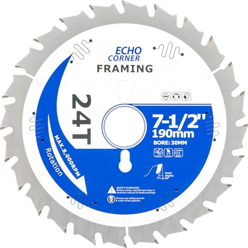 Echo Corner 190mm Fast Rip Frame Wood Cutting Circular Saw Blade 24T, 30mm Bore, 25.4mm Reducing Ring, Hardwood Softwood Laminate Veneer Plywood Plastic, 190mm x 30mm x 24Tooth