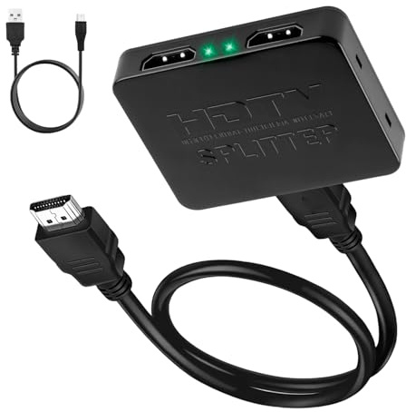 HDMI Splitter 1 in 2 Out 4K@30Hz 2-Way HDMI Adapter with 1M UK Power Cable 3D and HDCP Supported for PS3/PS4/PS5 Xbox Fire Stick PC Laptop HDTV Projector 1 Input 2 Outputs (Mirror Only, Not Extend)