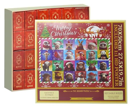 Puzzle Adventskalender - 24 Tage Lernpuzzle mit Tieren | 1000 Teile, Countdown bis Weihnachten für Jugendliche, Erwachsene, Paare, Familien, Spieleabende