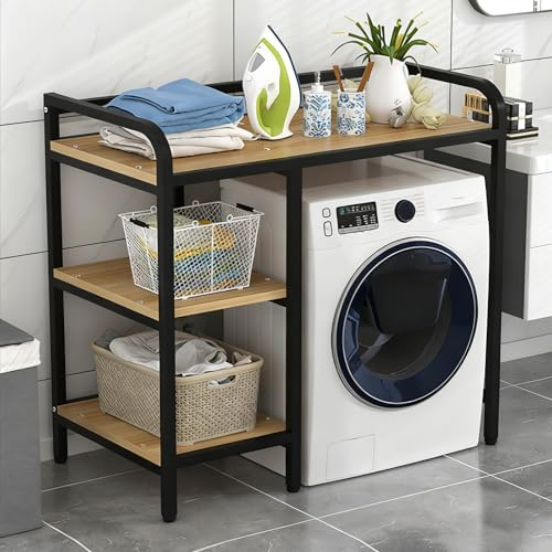 Universales Waschmaschinen Regal Front/Toplader, Verstellbare Seitenkörbe, Stabiles Stahl Gestell mit Kratzschutz Füßen(Roller Model - Black b)