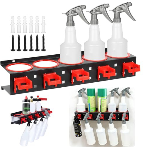 TAILIKANG Spray Bottle Holder, Heavy-Duty Wall Mounted Steel Rack with 5 Holes & Hooks, Spray Aerosol Can Storage Holder for Car Detailing Garage Van Workshop Garden Tools Organization