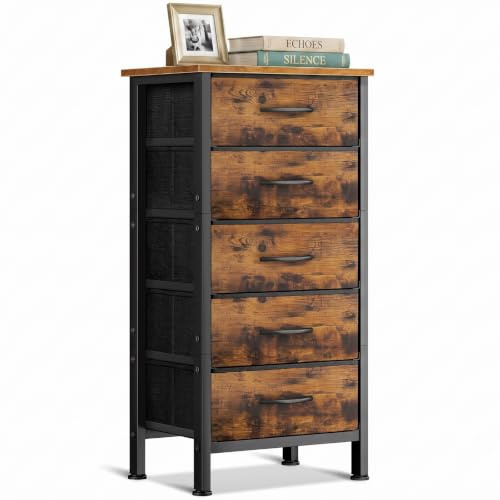 Coleshome Schmale Kommode mit Schubladen, mit 5 Stoffschubladen | Kleine Kommode geeignet für das Wohnzimmer, robuster Stahlrahmen, Holzplatte, 40 x 30 x 80 cm