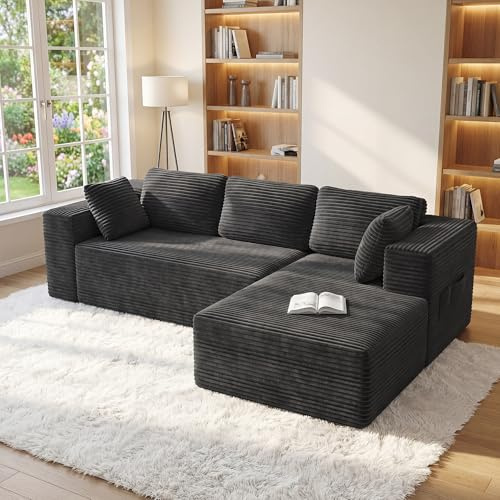 Xbro Ecksofa L-Form modular, Montagefrei Cord Couch 3-Sitzer, Flexibel kombinierbar mit Kissen & Seitentaschen, Für Wohnzimmer und Schlafzimmer, 250 x 136 x 40 cm, Schwarz