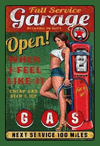 Schatzmix Blechschild 20x30 cm Garage Open Pin up Girl Tankstelle Zapfsäule Benzin Gas Service Metall Schild