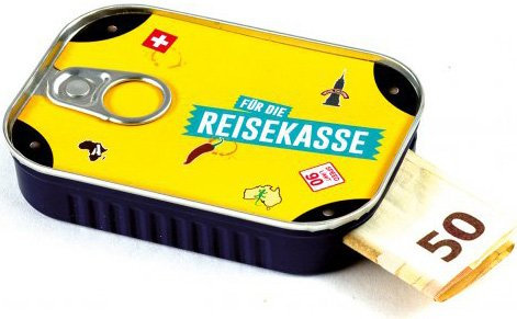 Geldgeschenke Verpackung Sardinendose REISEKASSE Geld Geschenkverpackung für Reise, Umzug, Geburtstag oder als Geldgutschein | inkl Aufkleber für individuelle Botschaft | made by Scherzboutique