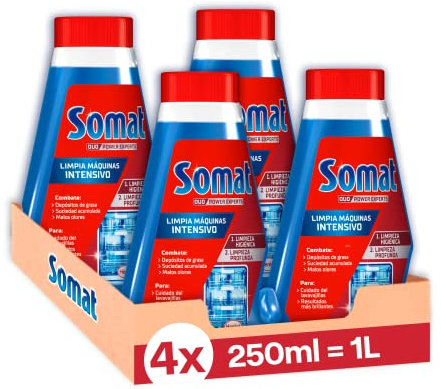Somat Limpia Máquinas Aditivo Lavavajillas (pack de 4, total: 1000 ml) para el interior de la máquina, eficaz limpiador