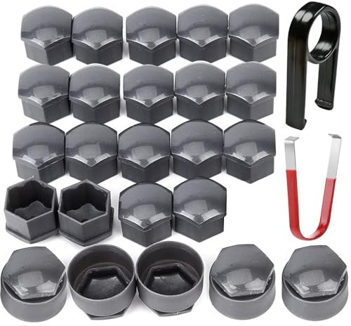 Gebildet 24pz Copridado Ruota 17mm (5pz Tappo Bullone Antifurto + 19pz Tappo Bullone Normale) Copridadi Esagonali per Pneumatici con Set di Strumenti di Rimozione per Auto (Grigio)