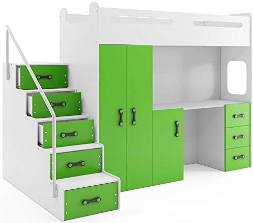 Interbeds Etagenbett Hochbett MAX 4 Größe 200x80cm mit Schrank und Schreibtisch, Farbe zur Wahl inkl. Matratze (grün)
