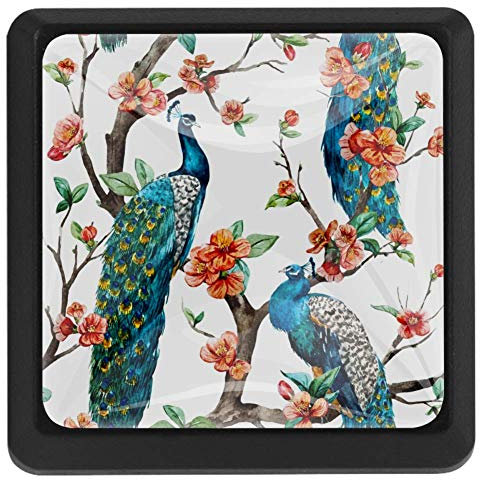 Schubladenknöpfe, Aquarell, Pfau auf Kirschbäumen, Küchenschrankgriff, quadratisch, 3 Packungen für Schrank, Schrank, Kommode, Tür, Heimdekoration