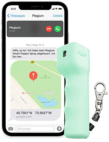 Plegium Smart Mini Tierabwehr-Spray zur Selbstverteidigung. 3-in-1, kostenlose Nachrichten & Notrufe. Schlüsselbund mit magnetischem Schnellverschluss. 3 Meter Reichweite. In Geschenkbox. (Minzgrün)